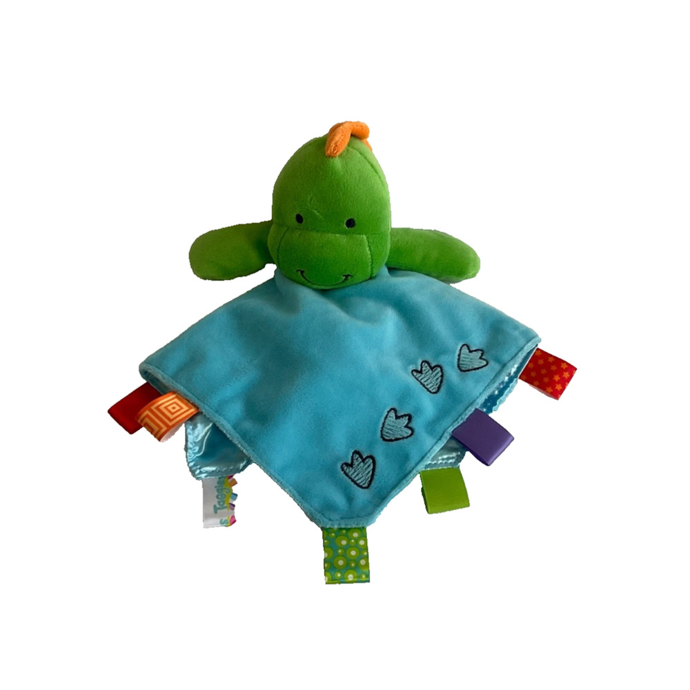 Taggies Dinosaur Dino Baby Lovey Security Blanket Tag Blue Green Paw Print Satin